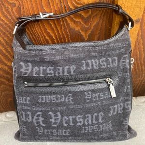 Versace Canvas Shoulder Bag with Leather Trim